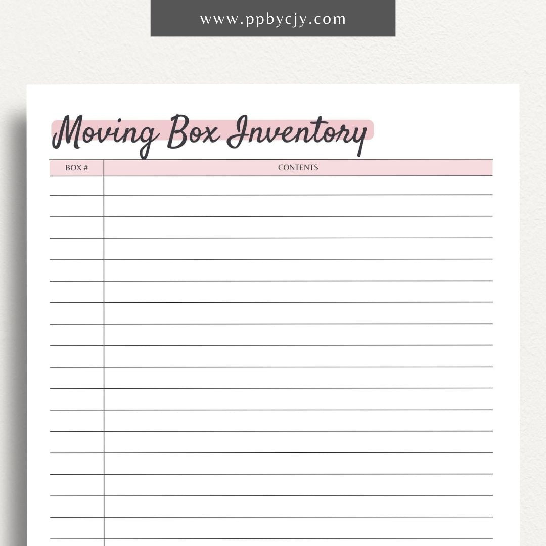 Moving Box Inventory List Printable PDF Template