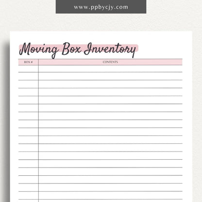 Moving Box Inventory List Printable PDF Template