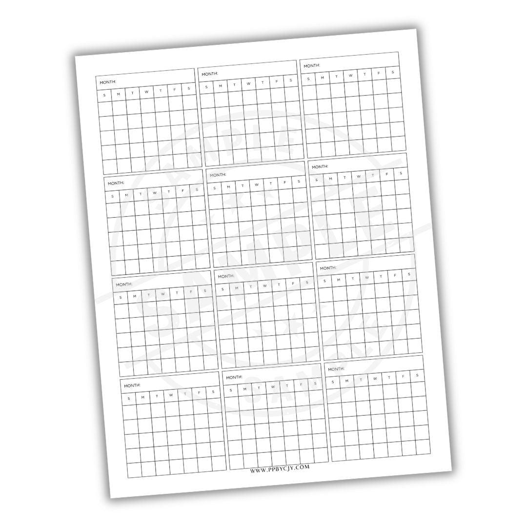 Blank yearly calendar sheet with days of the week labels on a white background