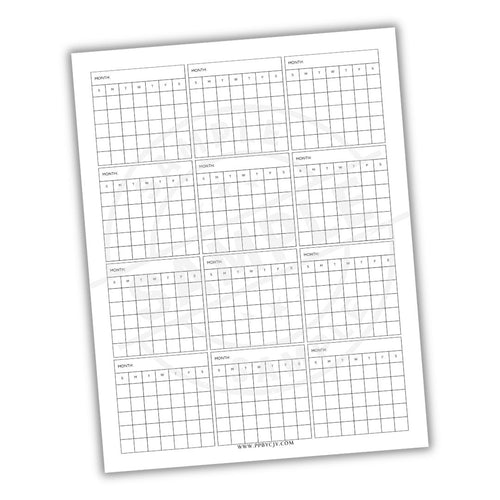 Blank yearly calendar sheet with days of the week labels on a white background