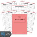 Pink appointment book with various tracking sheets on a white background