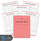 Pink appointment book with various tracking sheets on a white background