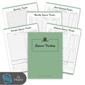 Set of expense tracking sheets with a green cover on a white background