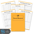 Set of financial management forms with an orange cover on a white background