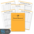 Set of financial management forms with an orange cover on a white background