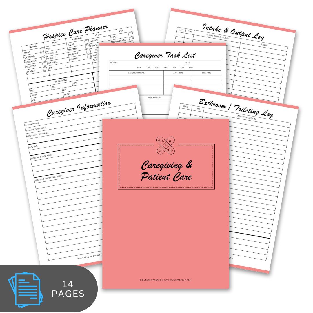 Collection of caregiving planner sheets with a pink cover on a white background