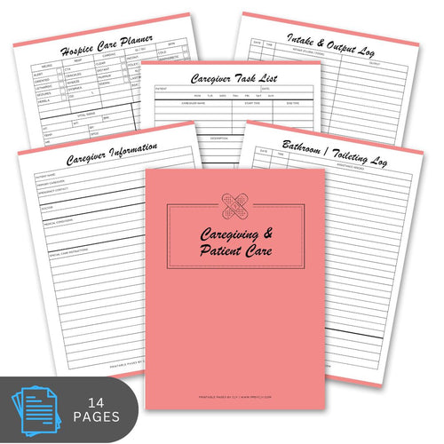 Collection of caregiving planner sheets with a pink cover on a white background