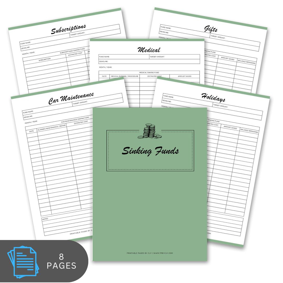 Set of financial planning sheets with a green cover titled 'Sinking Funds'.