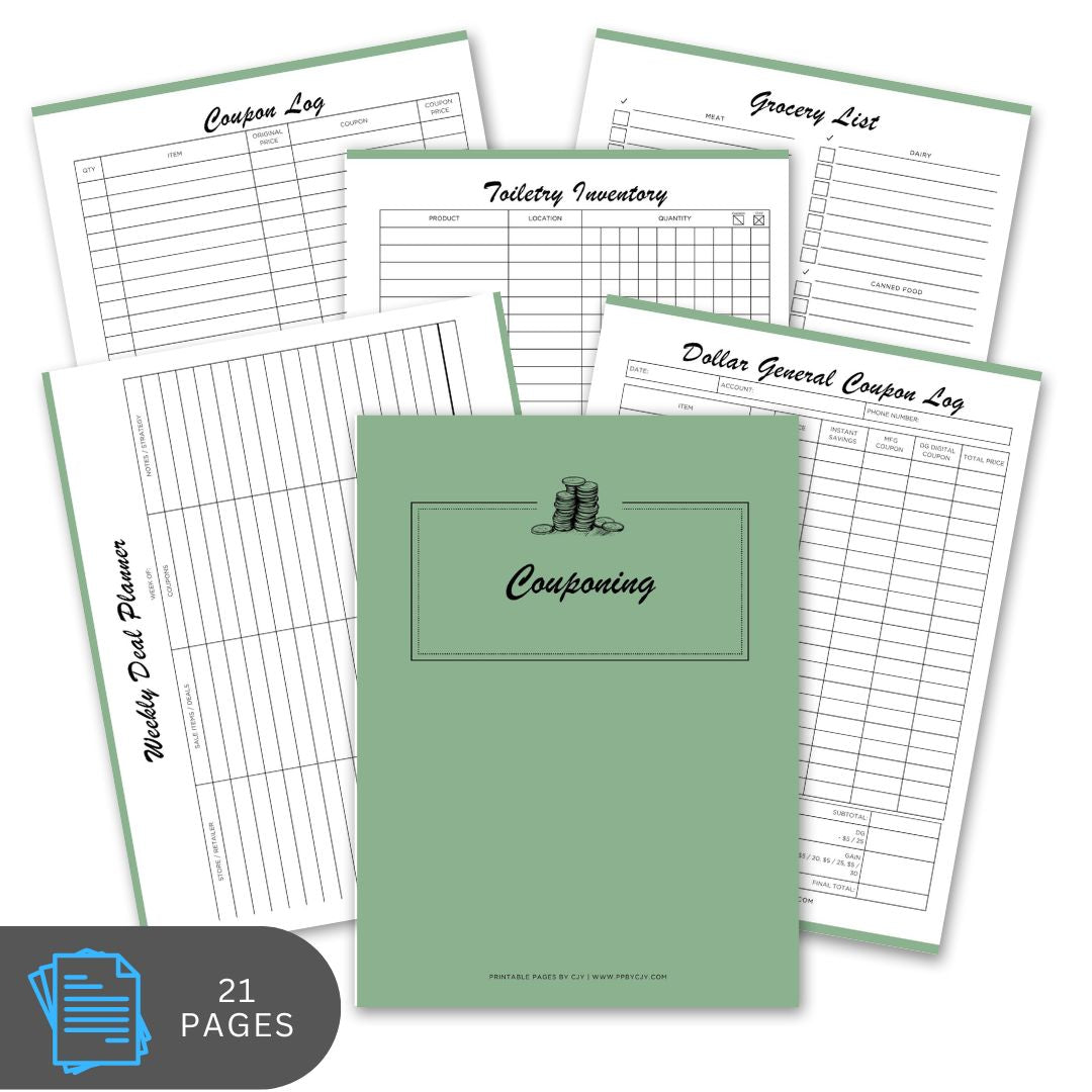 Collection of couponing planner sheets with a green cover on a white background