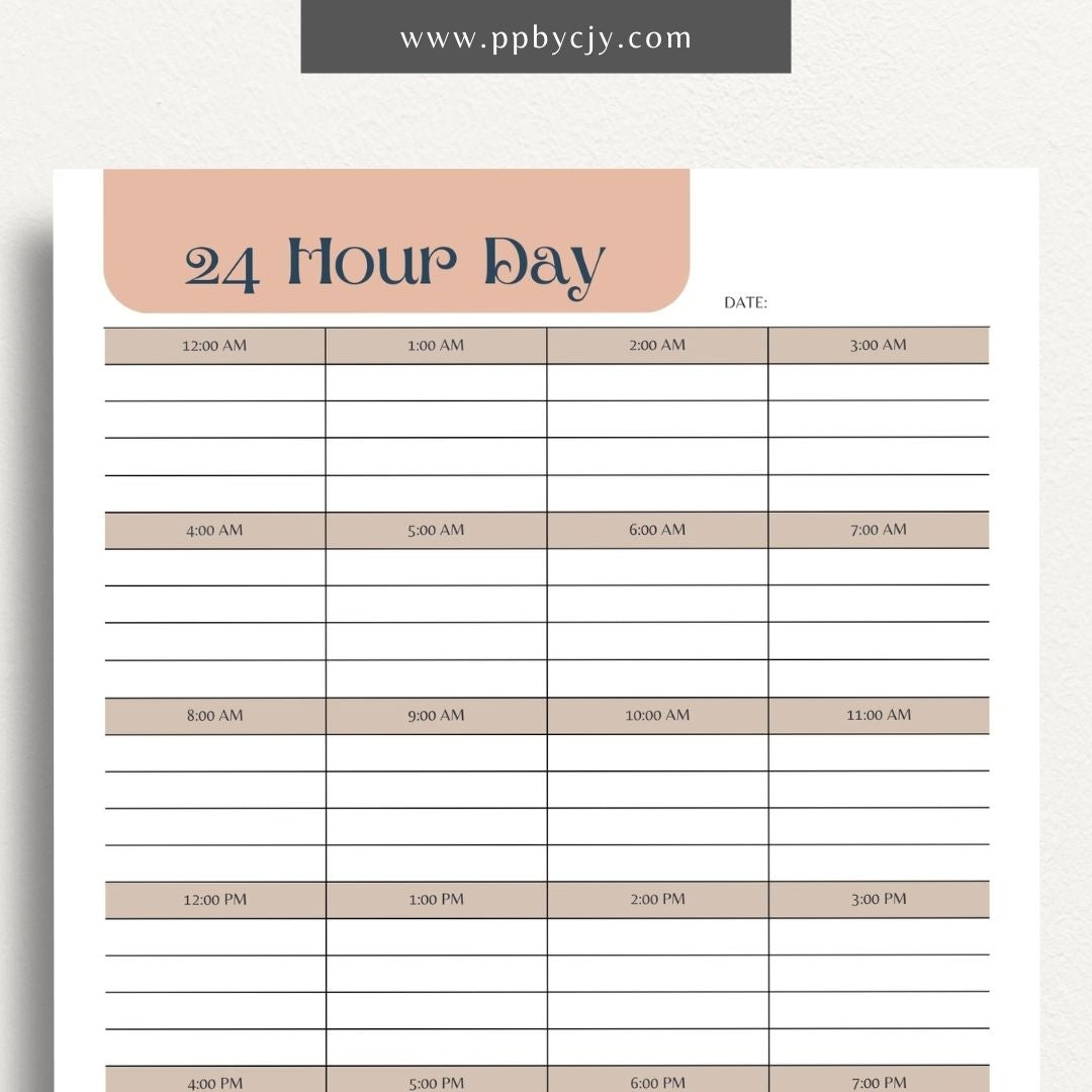 24-Hour Day Planner Printable Template for Time Management and Scheduling