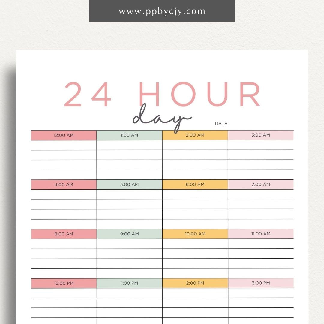 24-Hour Day Planner Printable Template for Time Management and Scheduling