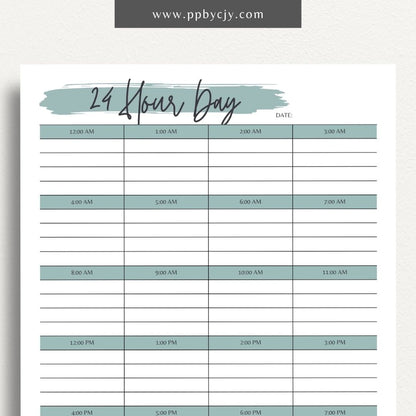 24-Hour Day Planner Printable Template for Time Management and Scheduling