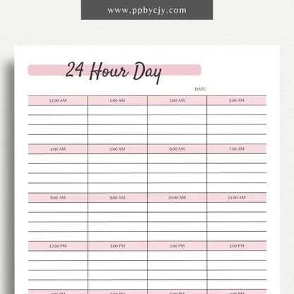 24-Hour Day Planner Printable Template for Time Management and Scheduling