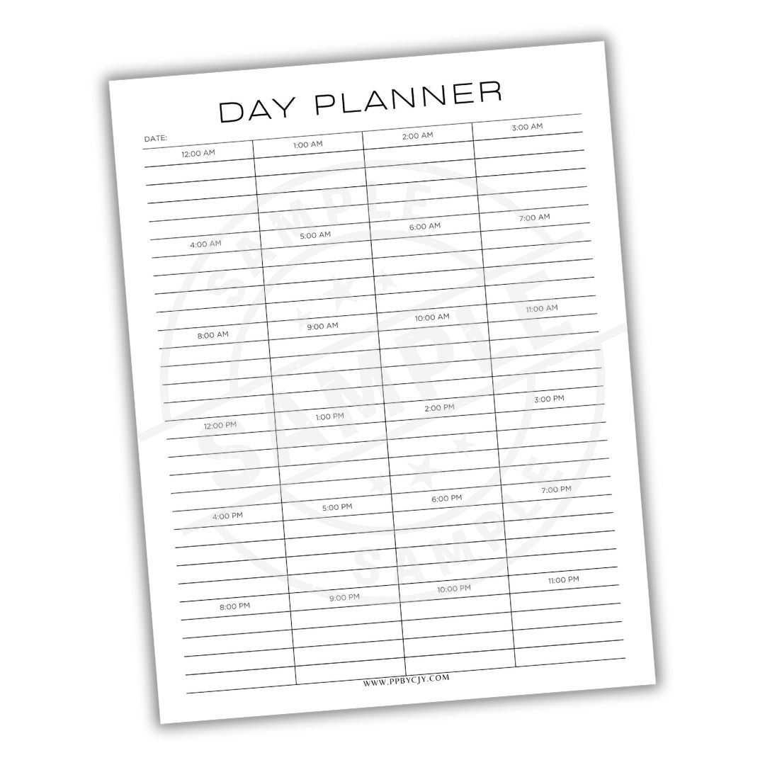 Day planner sheet with time slots from 12:00 AM to 12:00 PM on a white background