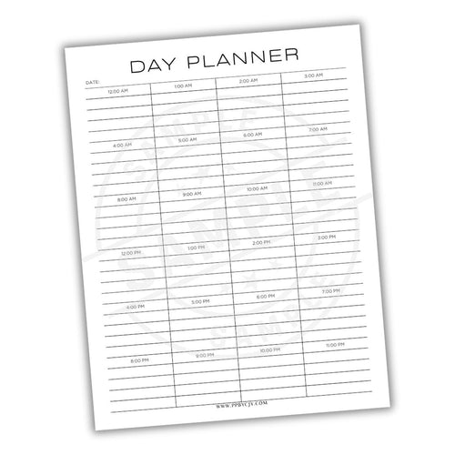 Day planner sheet with time slots from 12:00 AM to 12:00 PM on a white background