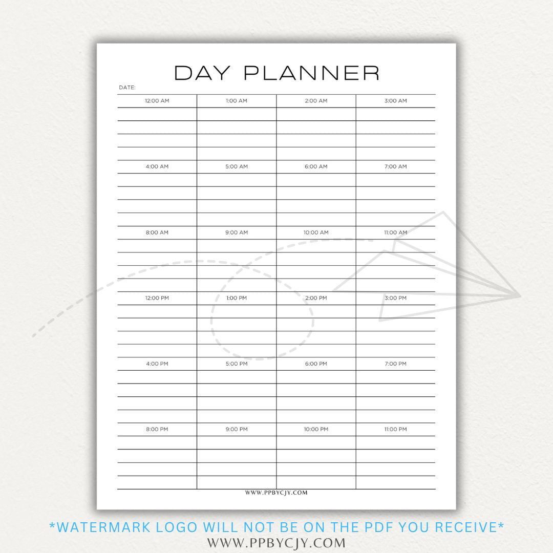 24-Hour Day Planner Printable PDF Template with hourly scheduling sections