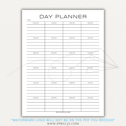 24-Hour Day Planner Printable PDF Template with hourly scheduling sections