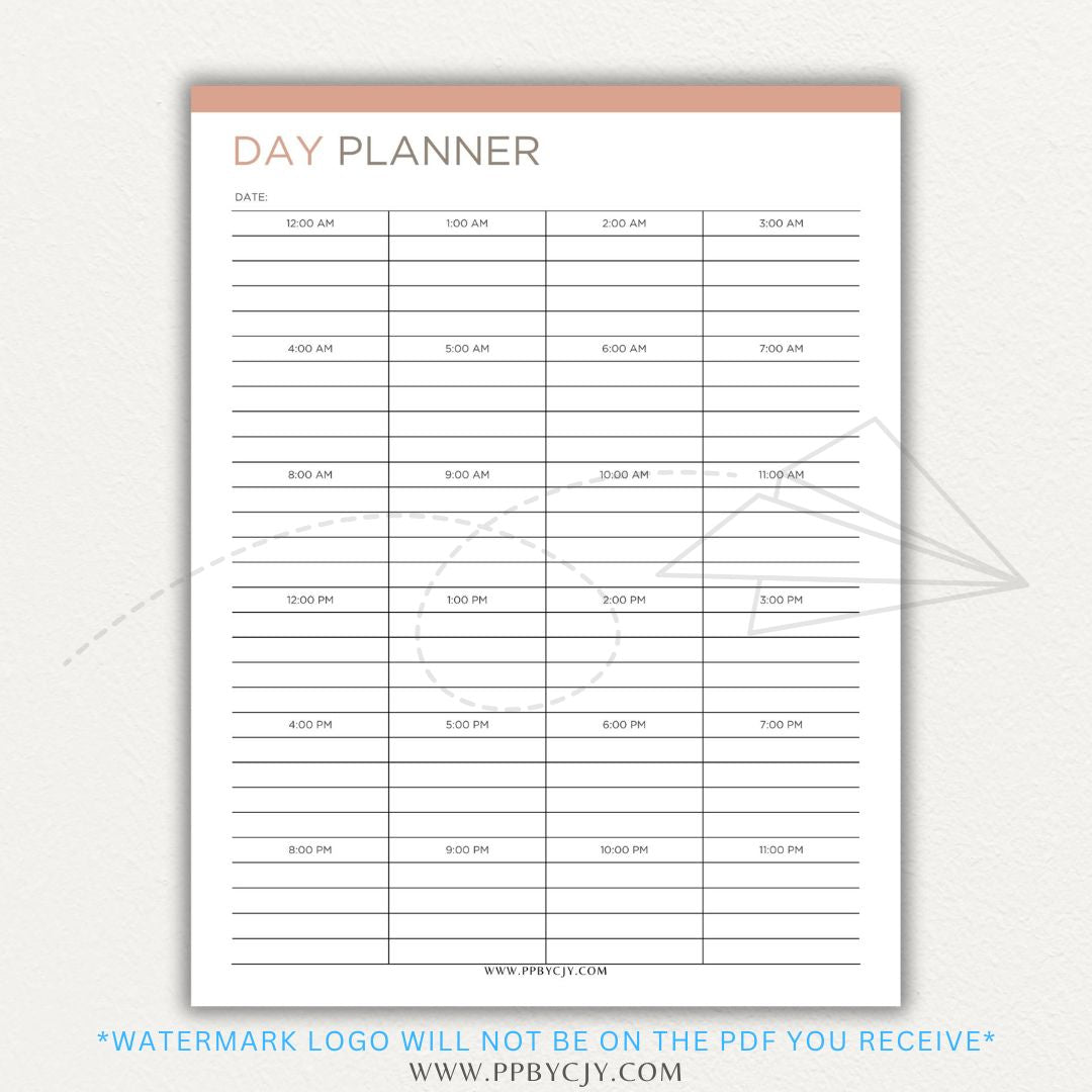 24-Hour Day Planner Printable PDF Template with hourly scheduling sections