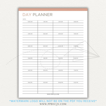 24-Hour Day Planner Printable PDF Template with hourly scheduling sections