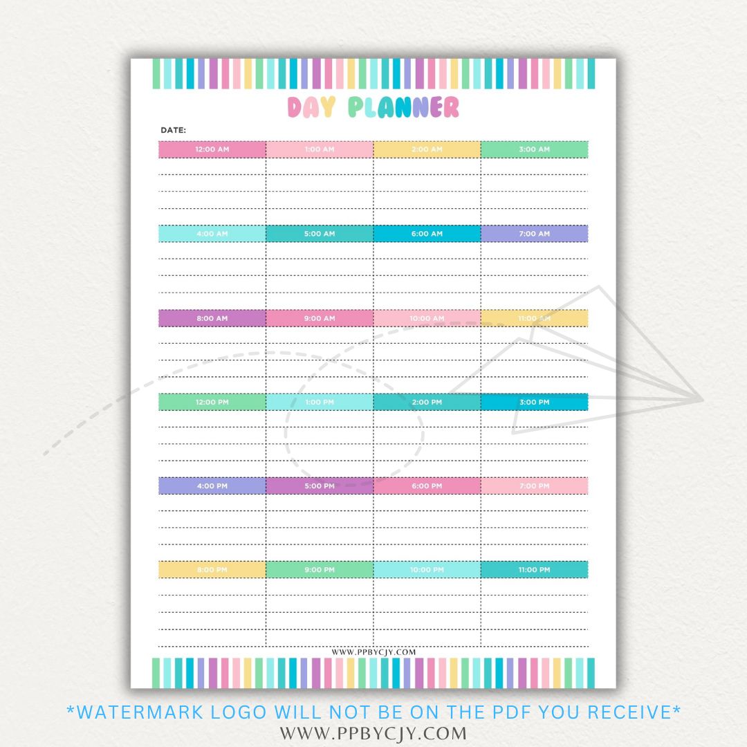 24-Hour Day Planner Printable PDF Template with hourly scheduling sections