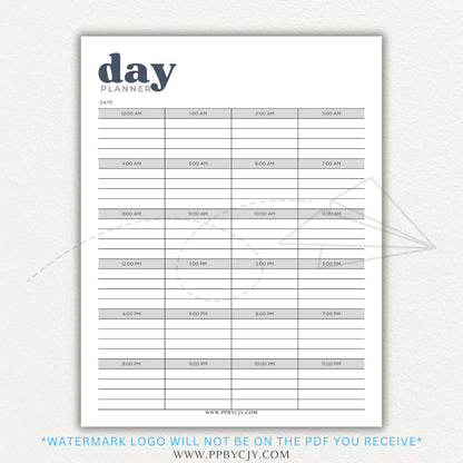 24-Hour Day Planner Printable PDF Template with hourly scheduling sections