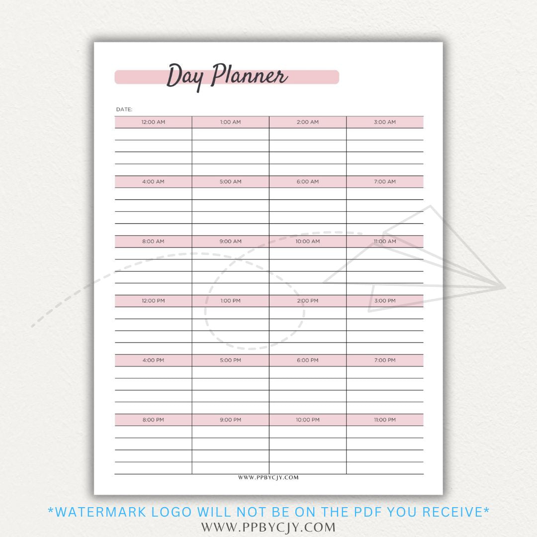 24-Hour Day Planner Printable PDF Template with hourly scheduling sections