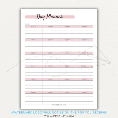 24-Hour Day Planner Printable PDF Template with hourly scheduling sections