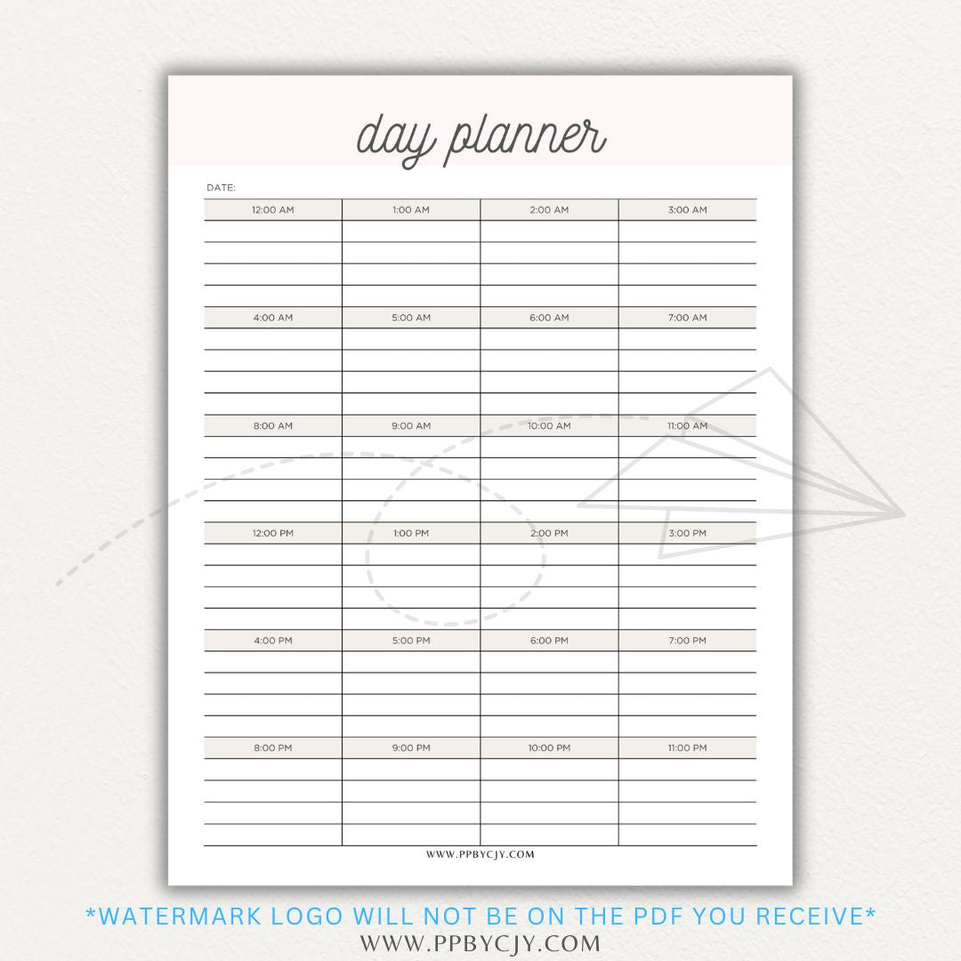 24-Hour Day Planner Printable PDF Template with hourly scheduling sections