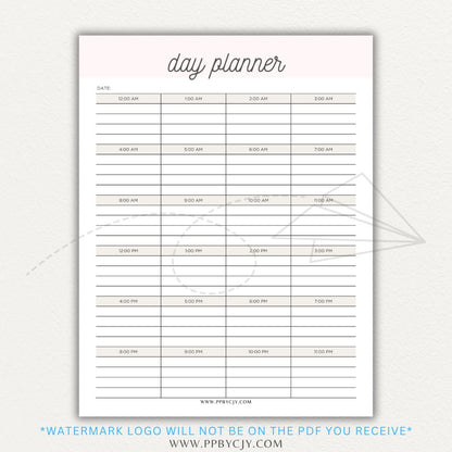 24-Hour Day Planner Printable PDF Template with hourly scheduling sections