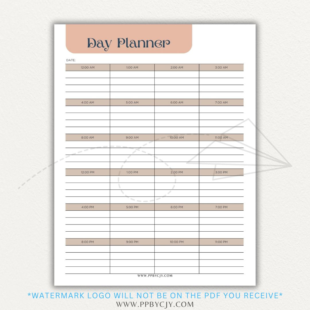 24-Hour Day Planner Printable PDF Template with hourly scheduling sections