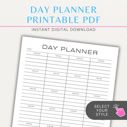 24-Hour Day Planner Printable PDF Template with hourly scheduling sections