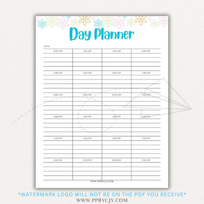 24-Hour Day Planner Printable PDF Template with hourly scheduling sections