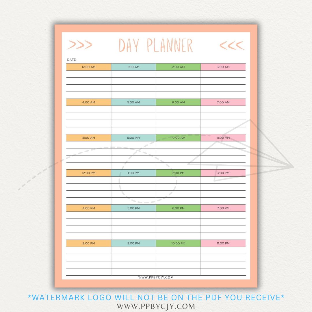 24-Hour Day Planner Printable PDF Template with hourly scheduling sections