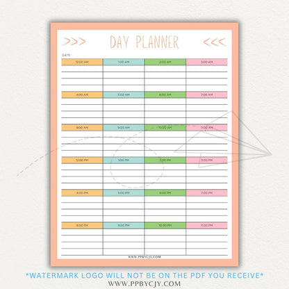 24-Hour Day Planner Printable PDF Template with hourly scheduling sections