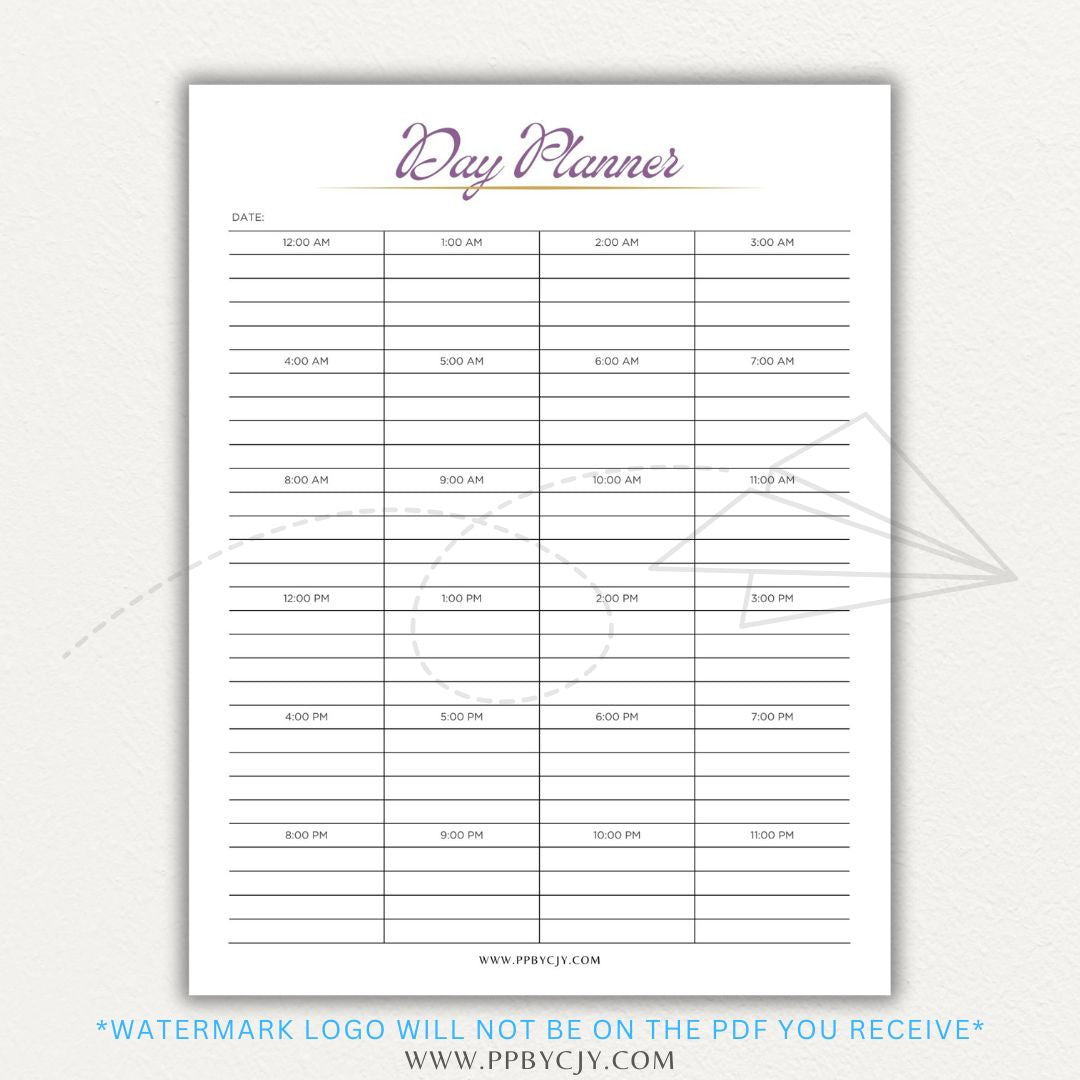 24-Hour Day Planner Printable PDF Template with hourly scheduling sections