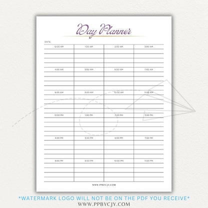 24-Hour Day Planner Printable PDF Template with hourly scheduling sections