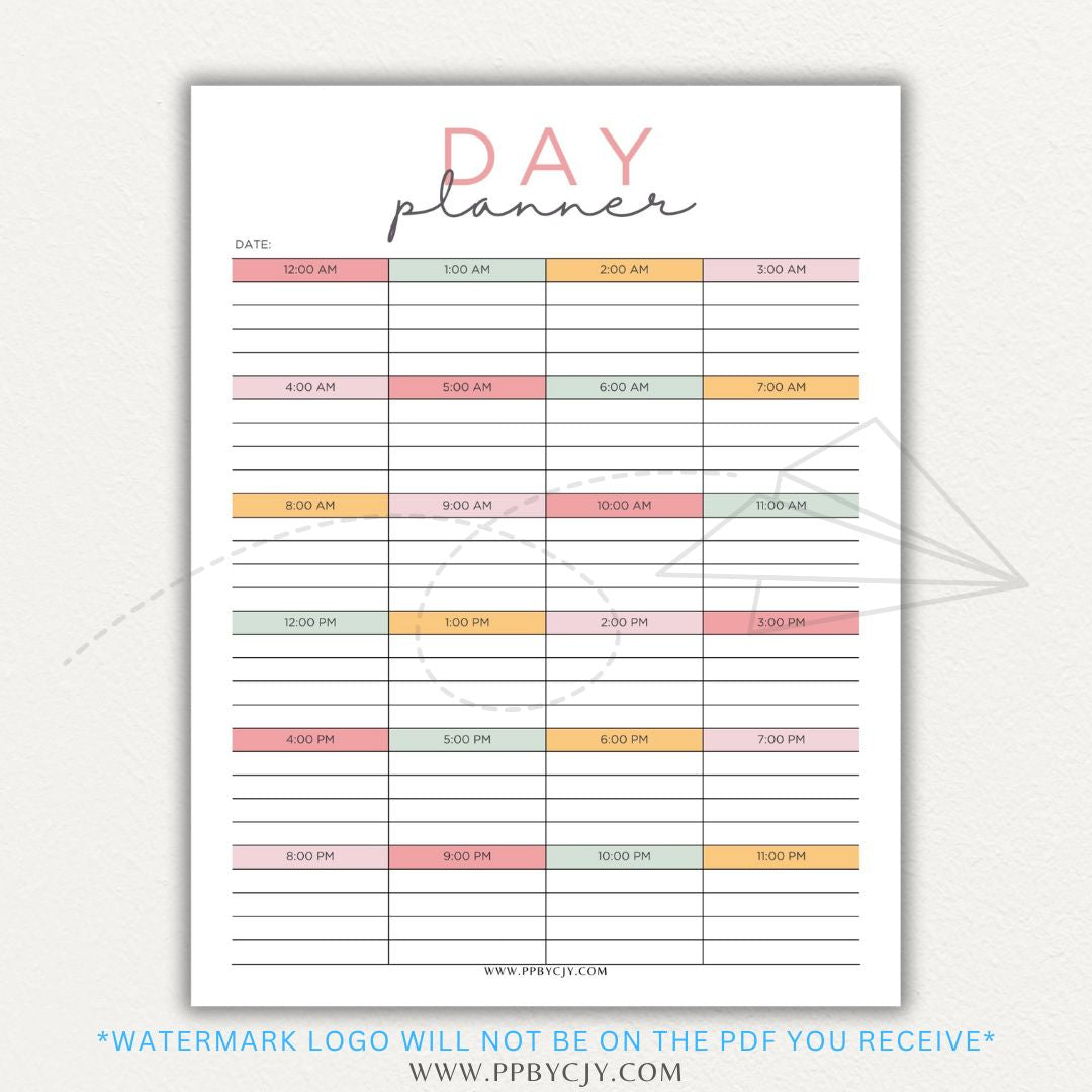 24-Hour Day Planner Printable PDF Template with hourly scheduling sections