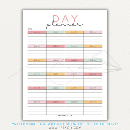 24-Hour Day Planner Printable PDF Template with hourly scheduling sections