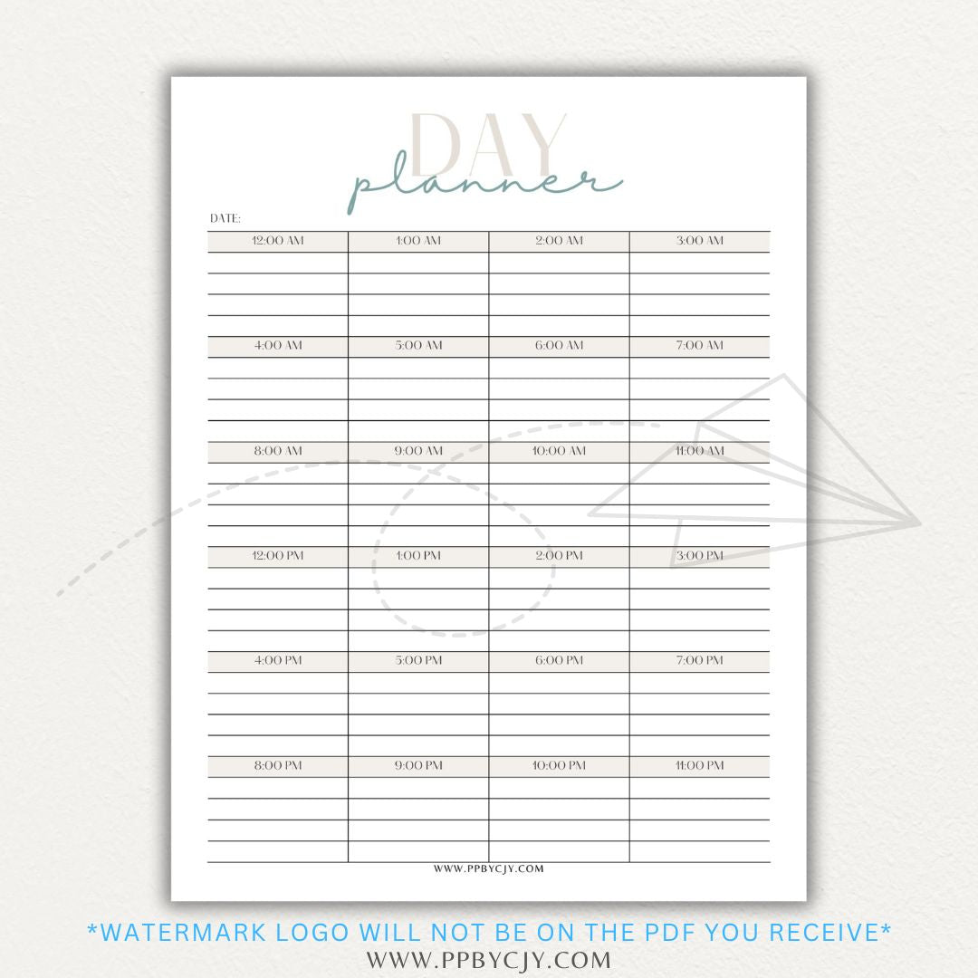 24-Hour Day Planner Printable PDF Template with hourly scheduling sections