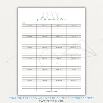 24-Hour Day Planner Printable PDF Template with hourly scheduling sections