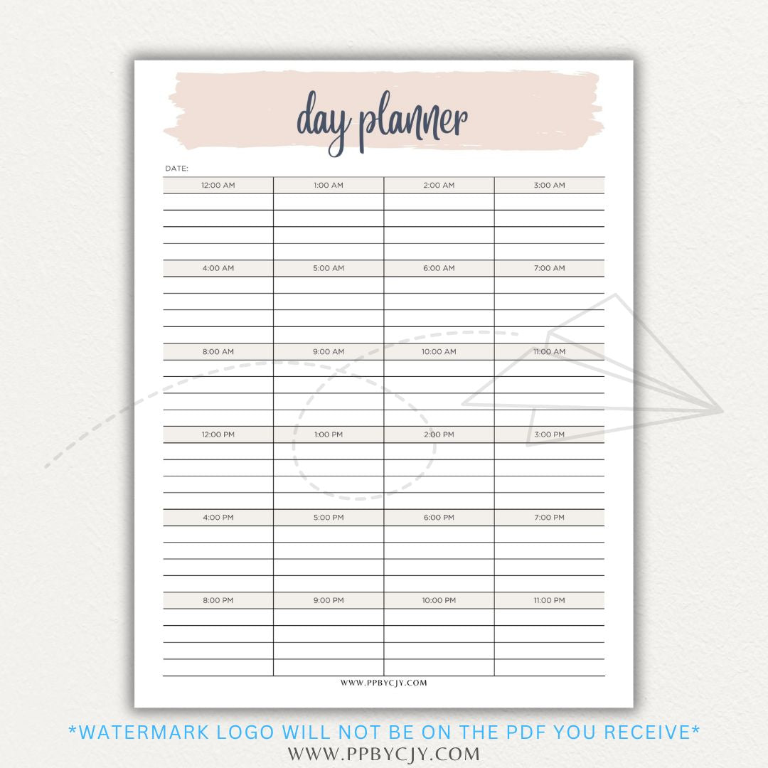 24-Hour Day Planner Printable PDF Template with hourly scheduling sections