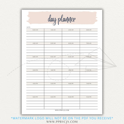 24-Hour Day Planner Printable PDF Template with hourly scheduling sections