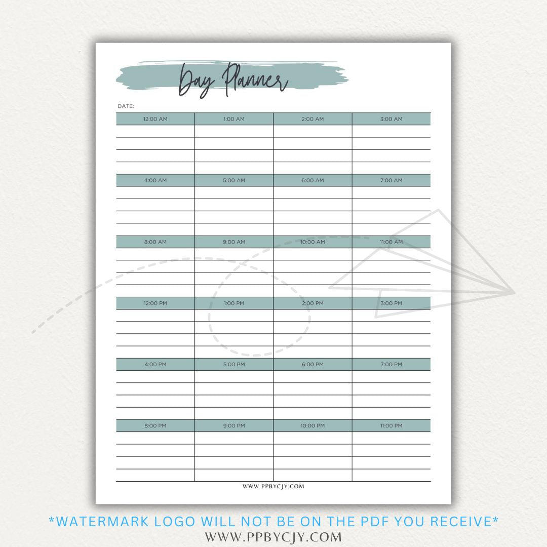 24-Hour Day Planner Printable PDF Template with hourly scheduling sections