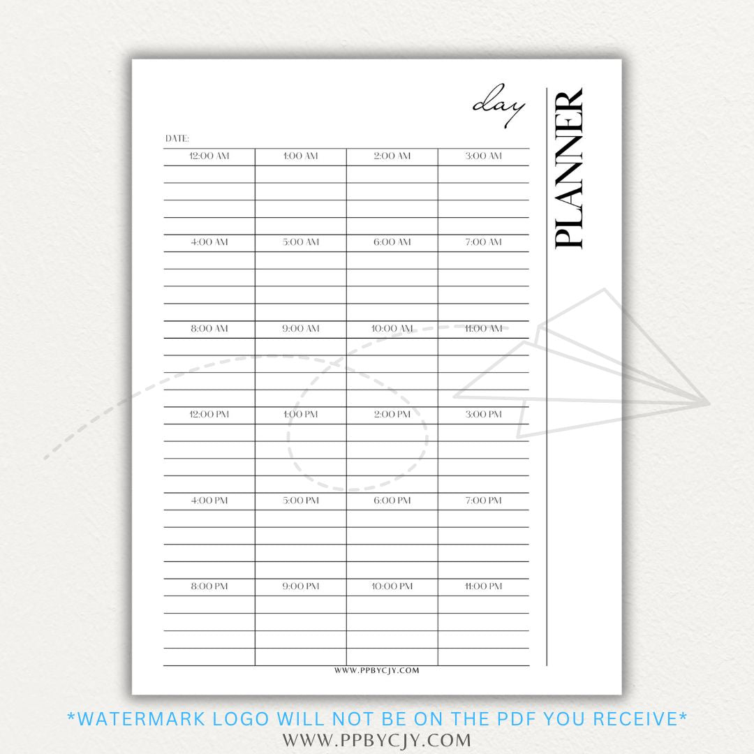 24-Hour Day Planner Printable PDF Template with hourly scheduling sections