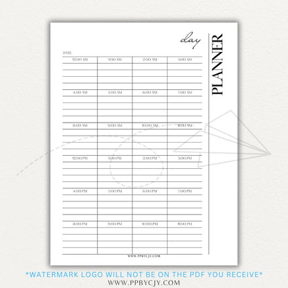 24-Hour Day Planner Printable PDF Template with hourly scheduling sections