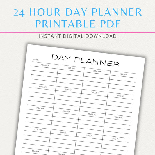 24-Hour Day Planner Printable PDF Template with hourly scheduling sections