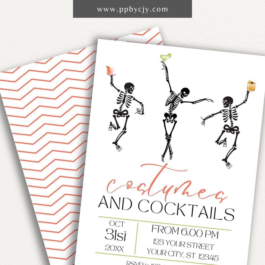 Halloween Invitation with Skeletons and Cocktails – Printable spooky chic party invite.