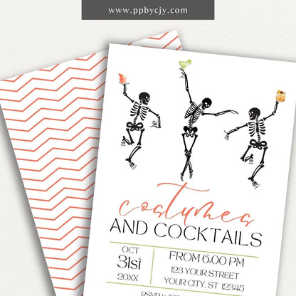 Halloween Invitation with Skeletons and Cocktails – Printable spooky chic party invite.