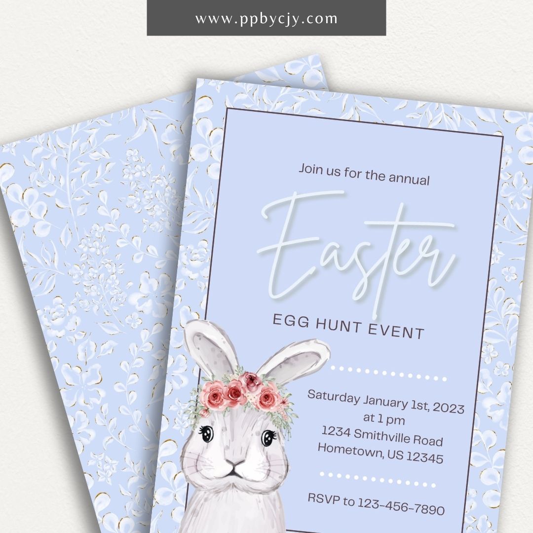 Easter Invitation with Bunny & Flowers – Printable spring party invite for Easter celebration.