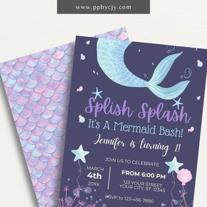 Mermaid Party Invitation Printable Template – Editable digital download for under-the-sea-themed birthday celebrations.